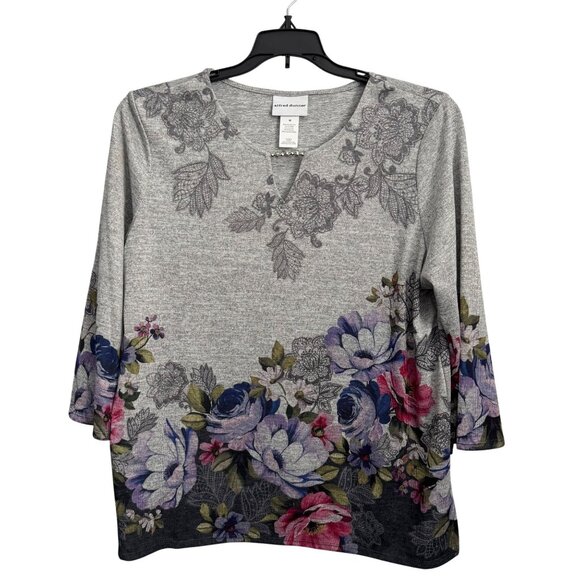 Alfred Dunner Womens Floral Tunic Top With Beaded Detail Gray Multi-Color SZ  Me - Picture 1 of 12